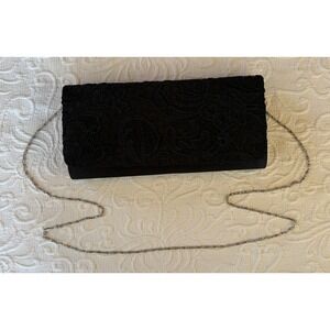 Black Satin Lace Overlay Evening Clutch Bag with Silver Chain Strap Formal Purse
